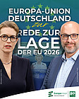 EUD-Präsidentin Andrea Wechsler und Generalsekretär Christian Moos zur SOTEU-Rede 2026. Im Hintergrund der beiden Portraits ist ein Bild von EU-Kommissionspräsidentin Ursula von der Leyen bei ihrer Rede im Europäischen Parlament in Straßburg zu sehen.