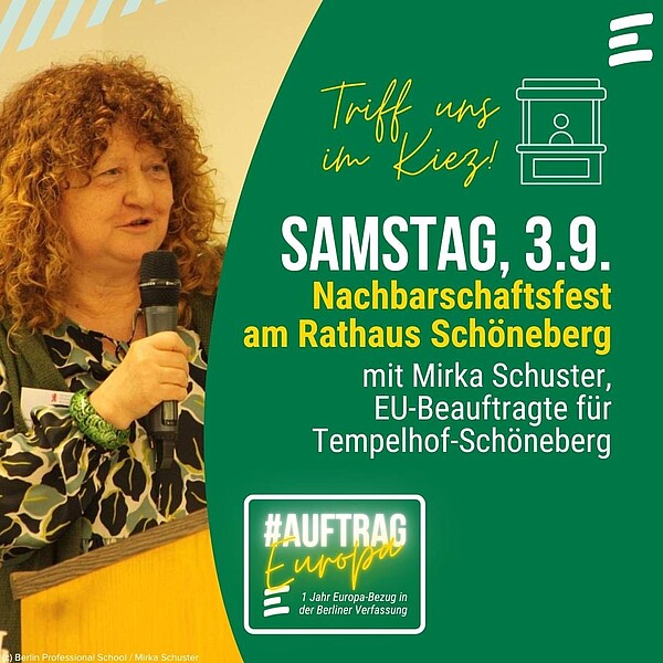 Triff uns im Kiez, Samstag, 3.9.2022, Nachbarschaftsfest am Rathaus Schöneberg mit Mirka Schuster, EU-Beauftragte für Tempelhof-Schöneberg